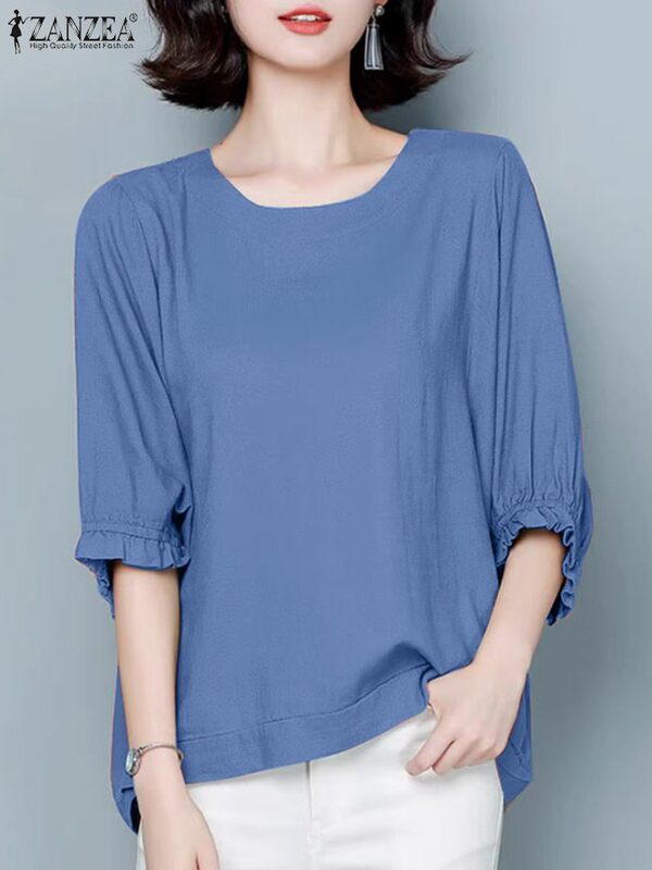 ZANZEA-Blusa holgada informal para mujer, camisa de oficina de media manga, cuello redondo, talla grande