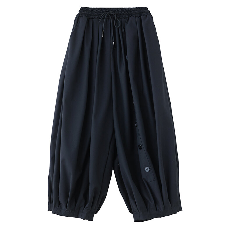 Pantalones de pierna ancha para mujer, bombachos informales con botones de cintura alta, estilo japonés Yamamoto, color negro oscuro, primavera y verano