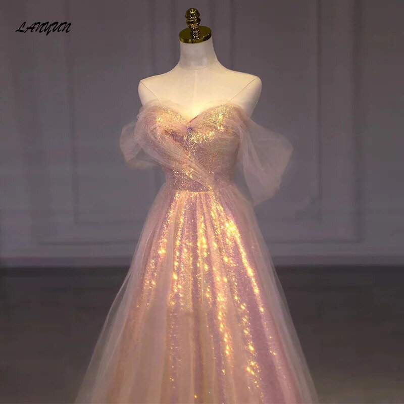 Блестящие розовые элегантные милые вечерние платья 2024 летние платья с вырезом лодочкой и узкой талией сетчатые дизайнерские многоярусные платья для выпускного вечера свадебное платье