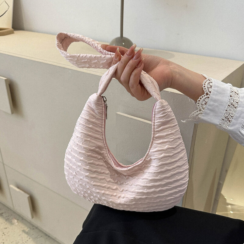Korean Sweet Fashion Women Shoulder Bag Solid Casual Simple Dumplings Handbags Artistic Style Sling Pleated Underarm Bags