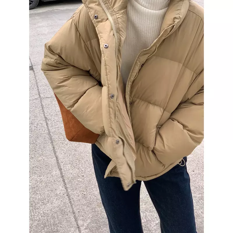 Jaket panjang Parka wanita, jaket Parka musim dingin gaya Korea kerah berdiri ringan longgar hangat modis R398