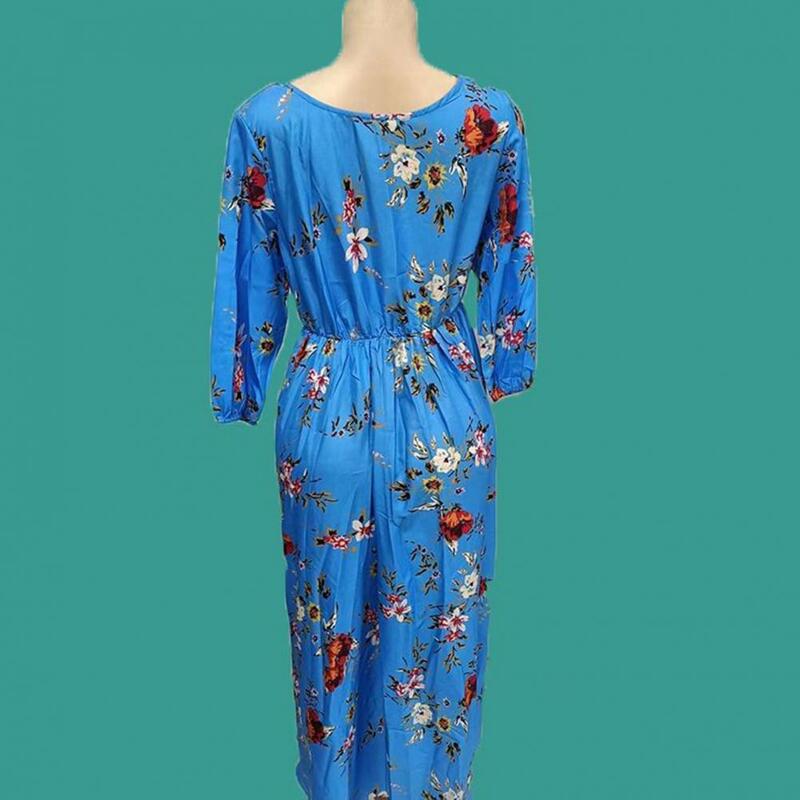 Floral Long Dress Elegant Floral Print Maxi Dress for Women A-line Big Swing High Waist Evening Dress with Half Sleeve Soft