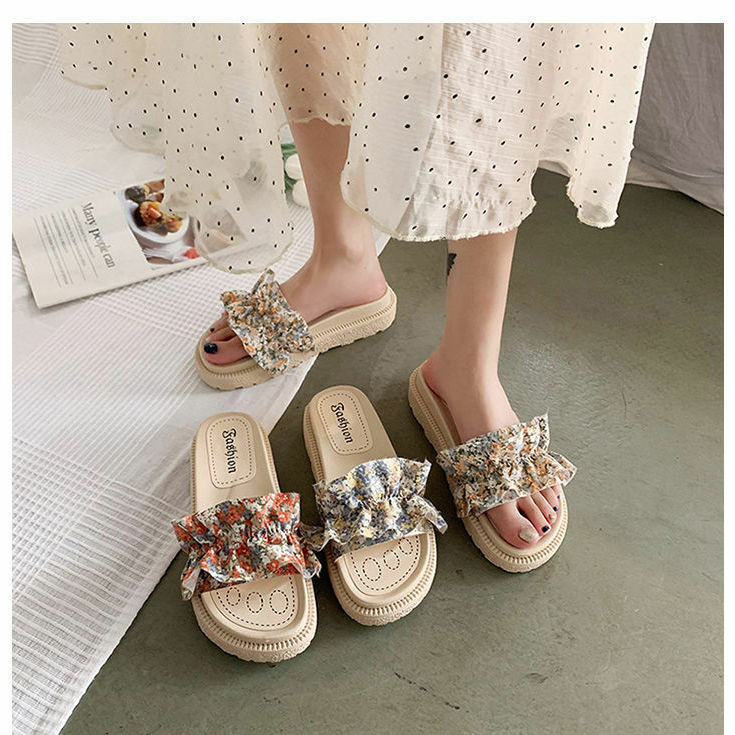 Sandal wanita dengan rok peri, sandal pantai luar ruangan sol tebal modis, Platform trendi musim panas