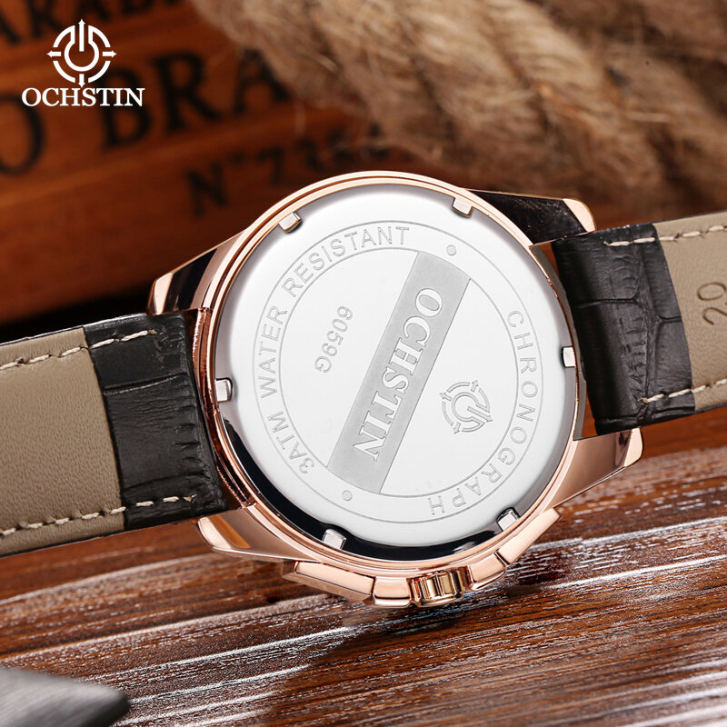 OCHSTIN różowe złoto Case czarna tarcza męska kwarcowy zegarek wielofunkcyjny wodoodporny skórzany pasek wyświetlanie daty nowe męskie zegarki na rękę
