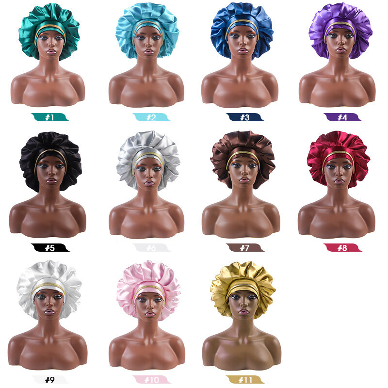 Mulheres Night Sleep Hair Caps Silky Bonnet Satin Double Layer Head Cover Hat Para Curly Springy Hair Styling Acessórios