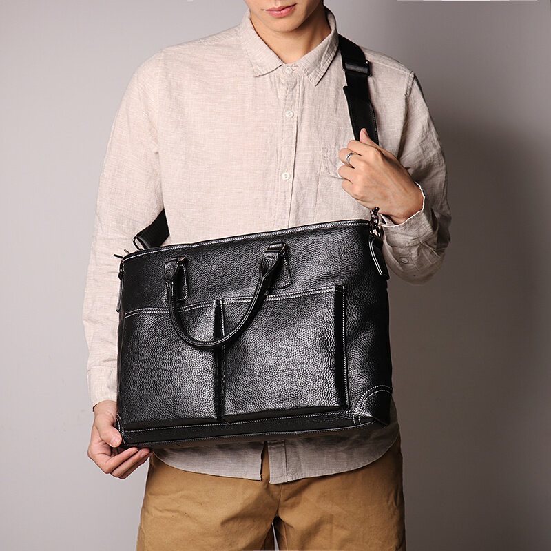 Tas koper kulit asli 14 inci untuk pria, tas kurir, tas tangan kantor bisnis, tas Laptop 14 inci