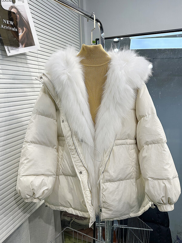 Chaqueta de plumón de pato blanco para mujer, cuello de piel grande de zorro Real, chaqueta de plumón de piel avanzada, moda cálida, joven, Invierno