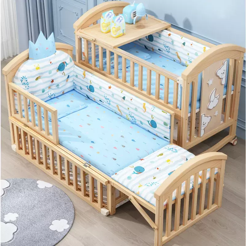 Baby Crib Multifunctional Bb Baby Crib Solid Wood Unpainted Rocking Bed Newborn Movable Children Splicing Large Bed
