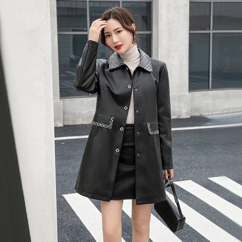 Mode verbinden sich zusammen pu Lederjacke Frauen Frühling Herbst Wind jacke Jacke weibliche mittellange koreanische Version schlanken Ledermantel