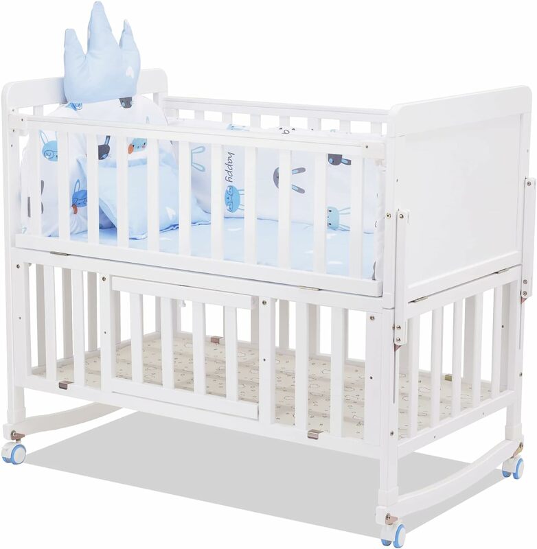 6-in-1 Convertible Baby Crib, Multifunction Mini Crib,5 Piece Toddler Bedding Set + Random Blue or Pink