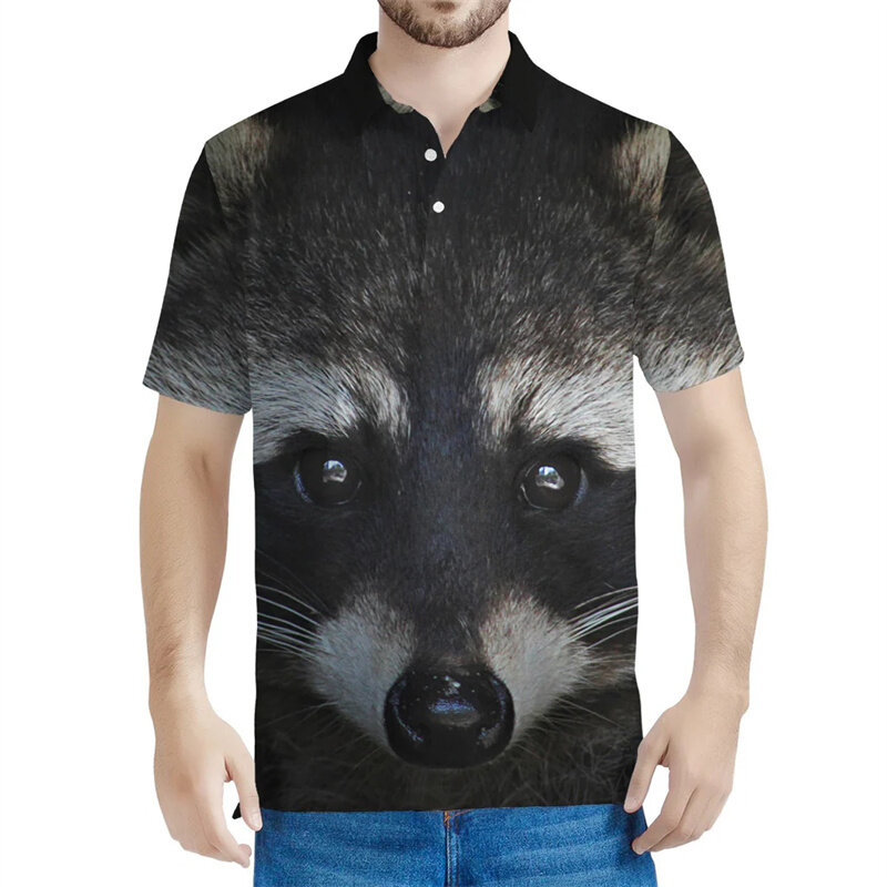 Cute Raccoon Polo Shirt For Men Loose Short Sleeves 3d Printed Animals Button Polo Shirts Kids Tops Summer Casual Lapel T-shirt