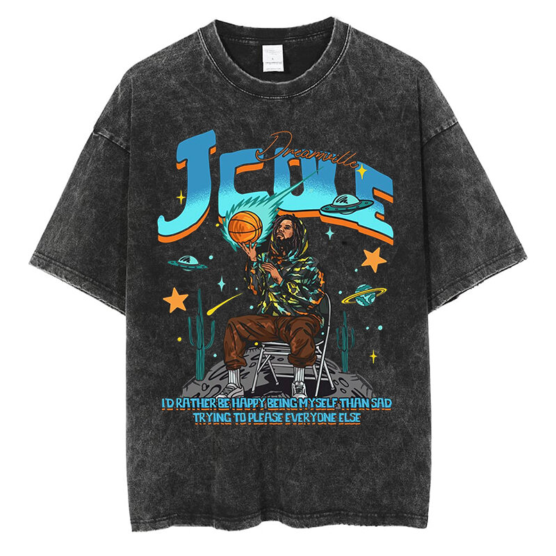 T-shirt graficzny raper J COLE kreskówka płonąca ziemia T-shirt z nadrukiem Hip Hop mężczyźni kobiety w stylu Streetwear bawełniane koszulki z krótkim rękawem