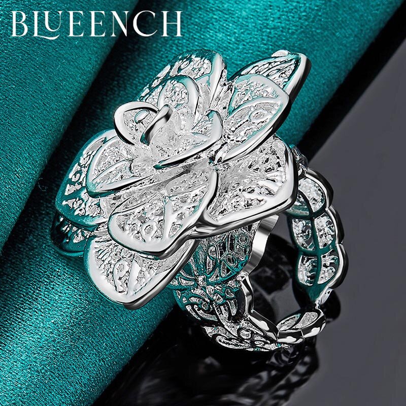 Blueench-925 Sterling Anel Flor De Prata Para Mulheres, Jóias, Festa De Casamento, Proposta, Moda