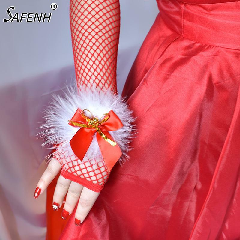 ถุงมือตาข่ายยาวสีแดงสำหรับผู้หญิงถุงมือเซ็กซี่ปาร์ตี้คริสต์มาสถุงมือแนวโกธิคพังค์ร็อคคอสตูมแฟนซี