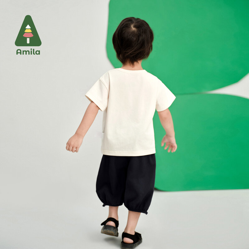 Amila 2024 Summer New Baby Boys' Ink-Painted Cotton Breathable Short Sleeve + Medium Pants Children's Clothing 0-6Y