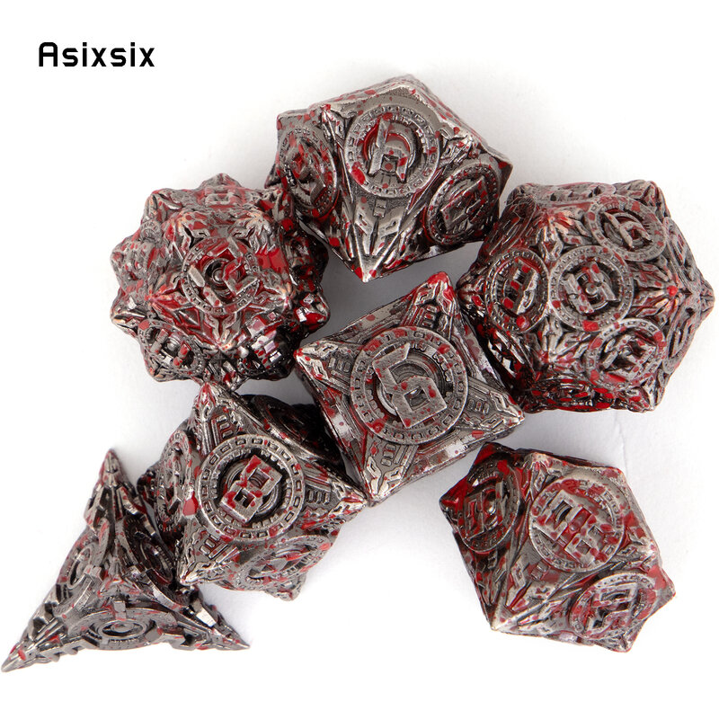 7 buah Set dadu polihedral logam Solid dadu roda lingkaran merah perak cocok untuk permainan kartu permainan papan RPG bermain peran