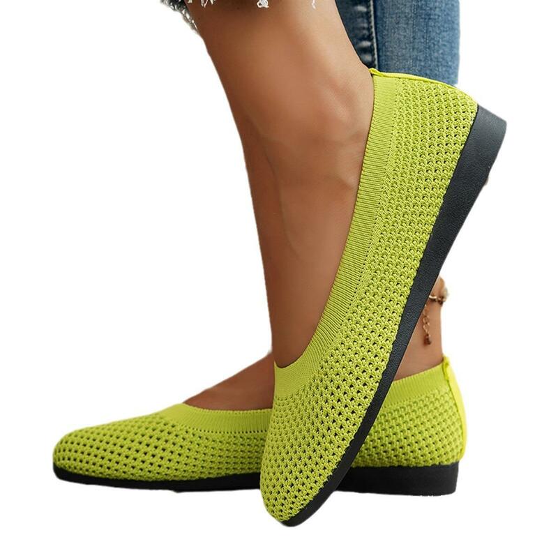 รองเท้าส้นเตี้ยรองเท้าสตรีหัวกลมรองเท้าถักสำหรับผู้หญิง, รองเท้าส้นเตี้ยรองเท้าบัลเล่ต์ระบายอากาศลำลอง sepatu SLIP ON ถักสีพื้น