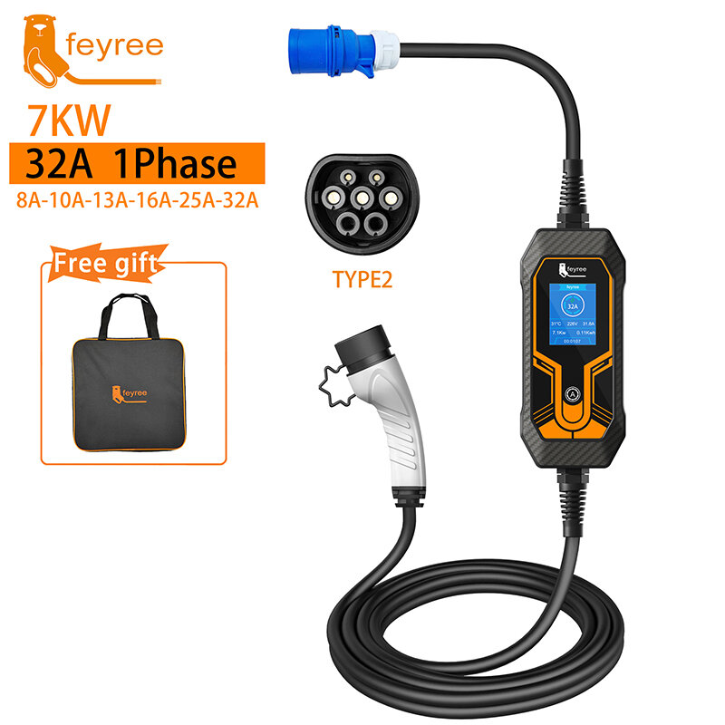 feyree Portable EV Charger Wallbox Type2 Cable 32A 7KW with CEE Plug EVSE Type1 Charging Box j1772 Adapter for Electric Vehicle