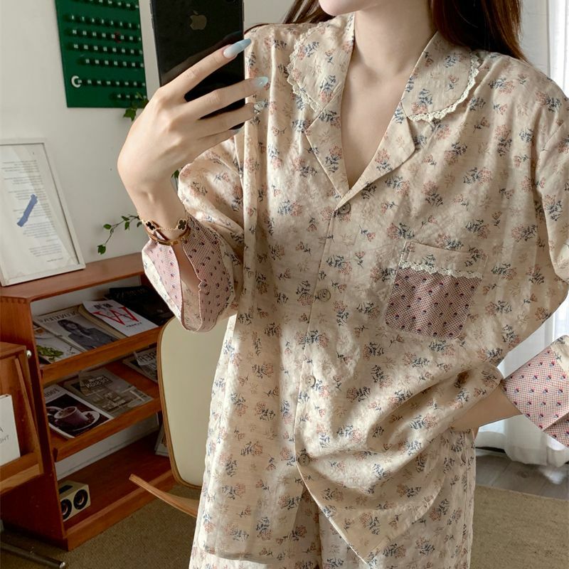 Conjunto de pijama floral manga longa feminina, roupa de dormir, cardigã, casual, doce, estudante, terno caseiro, estilo coreano, primavera, outono, novo, 2022