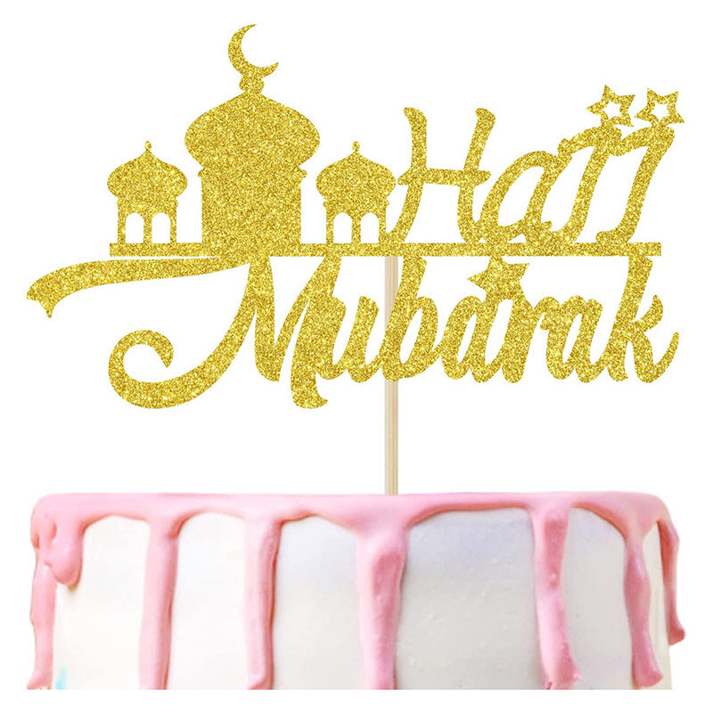 Adorno para tarta de hayj Mubarak, decoraciones para tarta de Ramadán Mubarak, decoraciones para fiesta Eid al-fitr musulmán, brillo dorado
