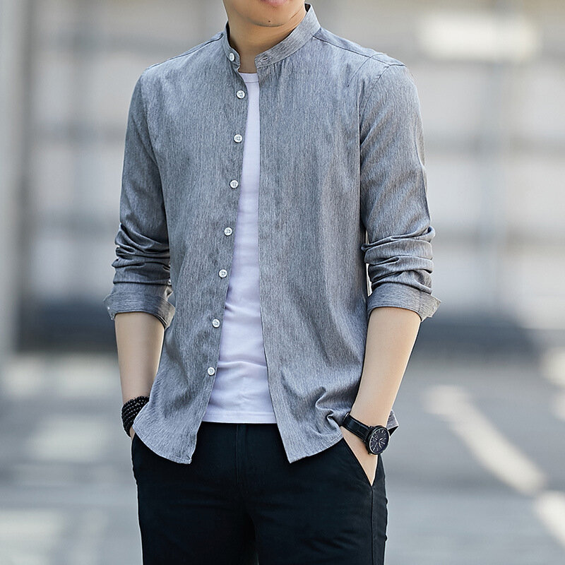 ฉบับภาษาเกาหลีเสื้อคอตั้งแขนยาวสำหรับผู้ชาย, เสื้อเสื้อคาร์โกสีทึบทรงสลิมฟิตฤดูใบไม้ร่วง