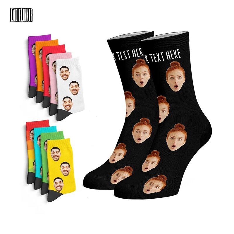 Kaus kaki personalisasi foto untuk pria wanita 10 warna Solid kaus kaki wajah kustom menambahkan teks katun kasual menyenangkan hadiah Natal