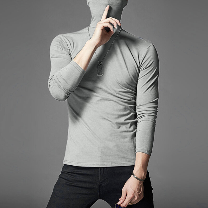 Fashion Classic Men's Casual Slim Turtleneck Long Sleeve Tops Pullover T-Shirt Solid Color Thin Underlay Fitness Base T-shirt