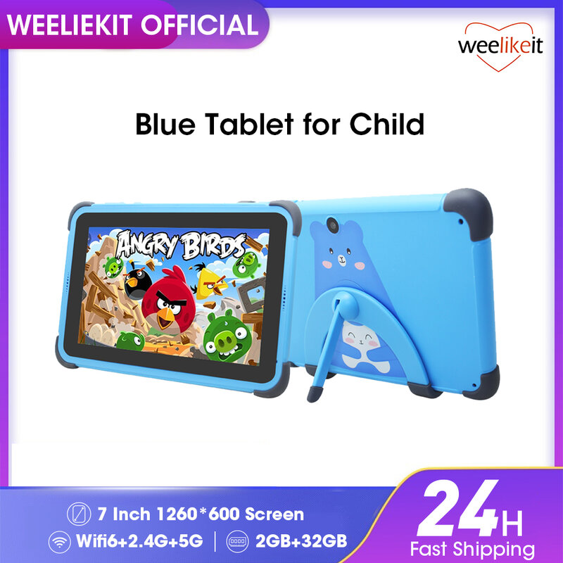 Weelikeit Tablet anak-anak biru 7 ''Android 11, 2GB 32GB 4-inti untuk anak-anak 1024x600 IPS ganda Wifi 5G 3000mAh dengan pemegang Tab