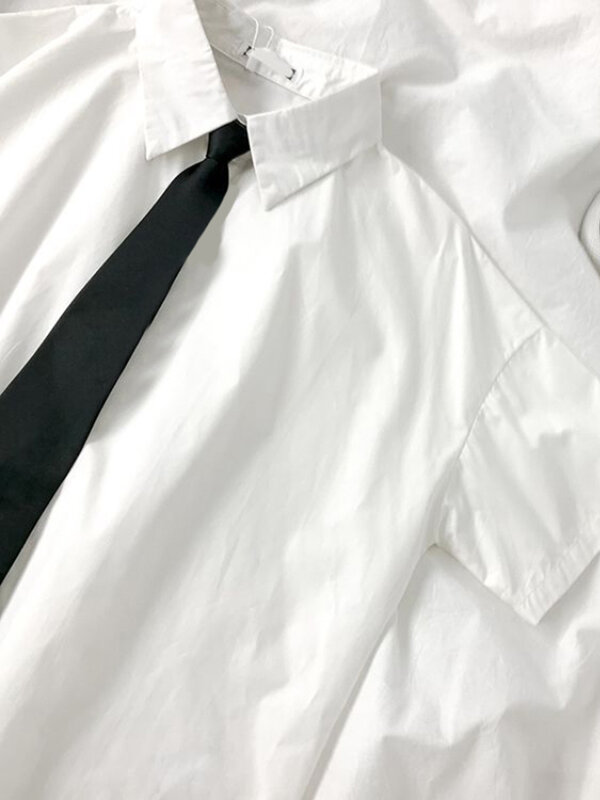 ZOKI-Preppy Button Up Tops para Mulheres, Estilo Japão, Camisas Brancas, Gravata Preta, Blusa Simples, Monocromática, Solta, Verão, Estudantes, Meninas, Moda