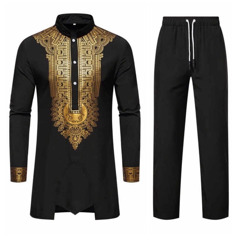 Conjunto de camisa africana manga longa masculina, vestidos casuais, roupas de comprimento médio, blusa e calça de gola em pé, estilo nacional, fenda, 2 peças