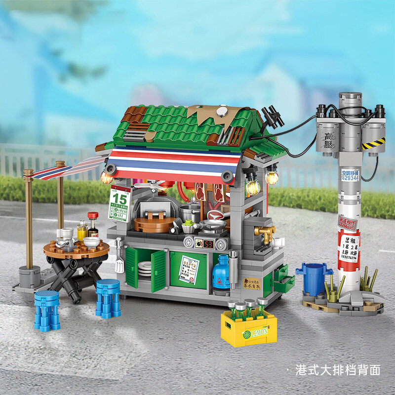 Mainan hadiah anak-anak blok bangunan tampilan jalan restoran makanan Hong Kong truk kios kecil Gurita Jepang Mini