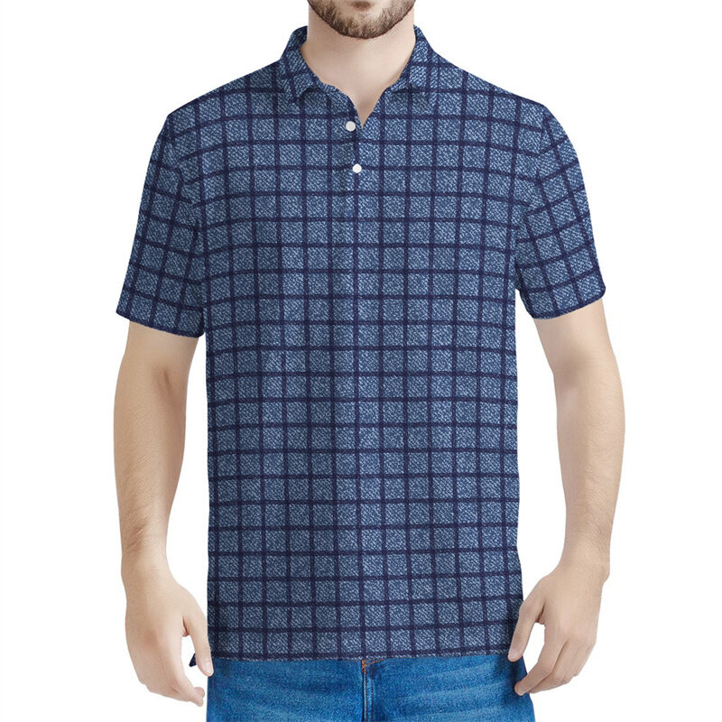 Camisa polo masculina impressa em 3D, padrão cinza janela, camiseta xadrez, rua verão, tops de manga curta extragrande, camiseta lapela