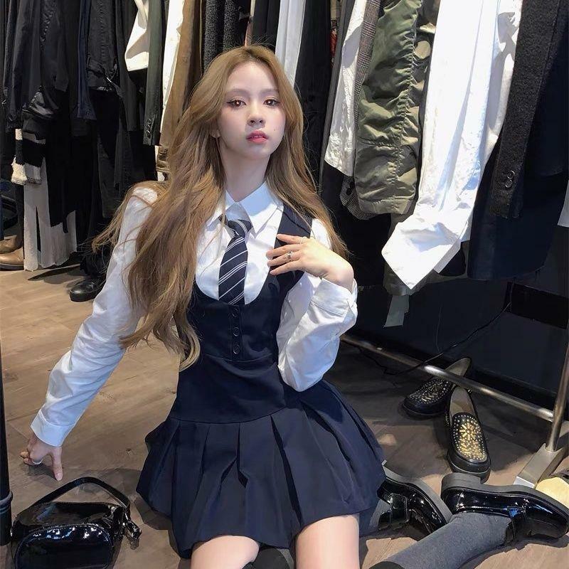 Японский и корейский стиль Jk комплект Женская рубашка с длинным рукавом плиссированная юбка на бретельках комплект из двух предметов школьная форма Jk