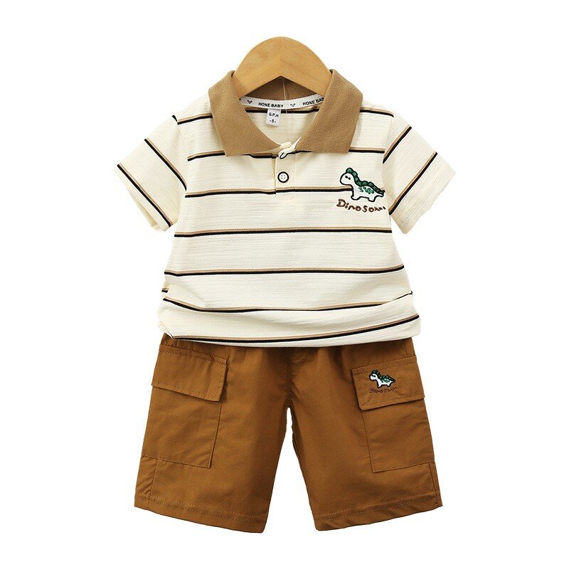 Комплект летней одежды для маленьких мальчиков из 2 предметов, рубашка-поло в полоску с коротким рукавом и принтом с буквами динозавров, свободные шорты, костюм, наряды для новорожденных мальчиков