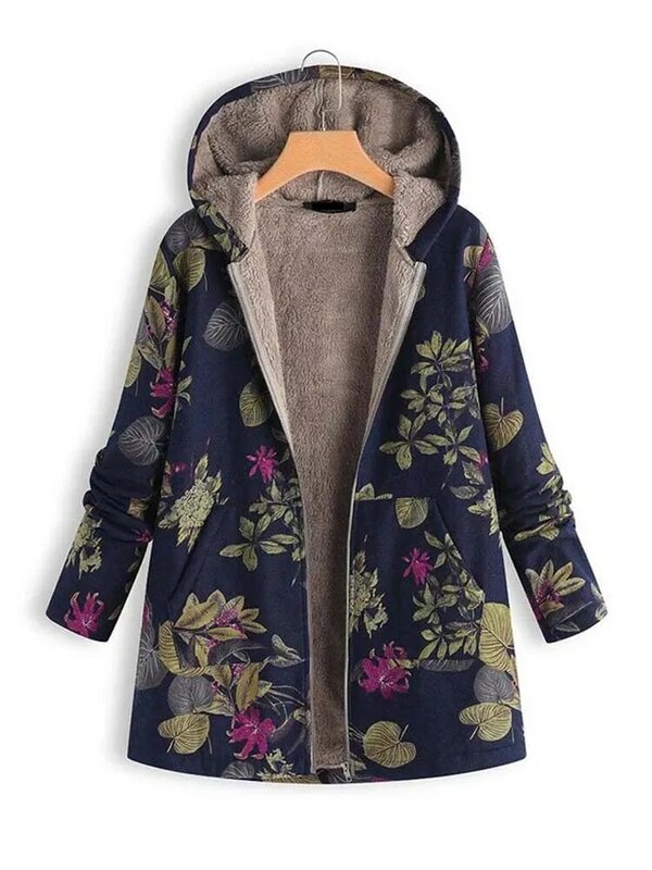 Jaket berkerudung motif bunga wanita, jaket parka berkerudung hangat motif bunga, Vintage, ukuran besar musim dingin 2023