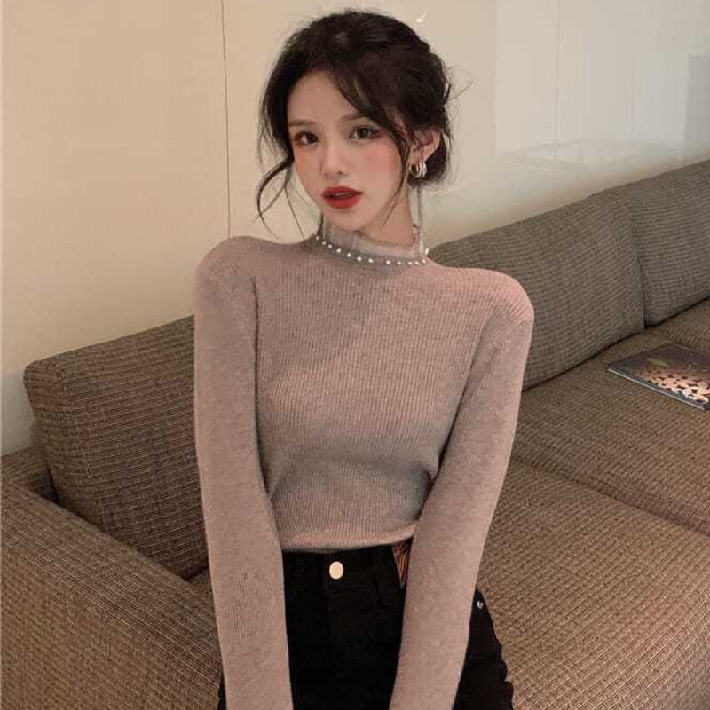 Half High Collar Pullovers Women Autumn Panelled Slim Temper Pearls French Style Cozy All-match Gentle Classic Ladies Streetwear