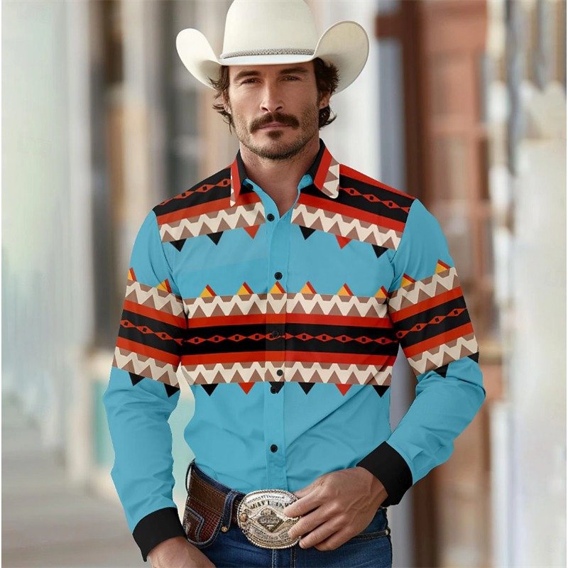 Camisa masculina de poliéster manga comprida, estilo ocidental, lapela tribal, azul, tamanhos europeus, casual, transporte rápido, XS-6XL, 2024