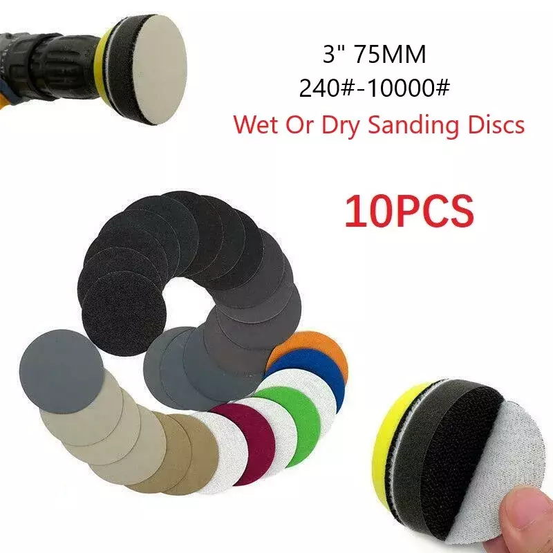 10Pcs amplas basah/kering 3 inci 75MM Hook And Loop silikon karbida 240-10000 grit tahan air amplas Disc