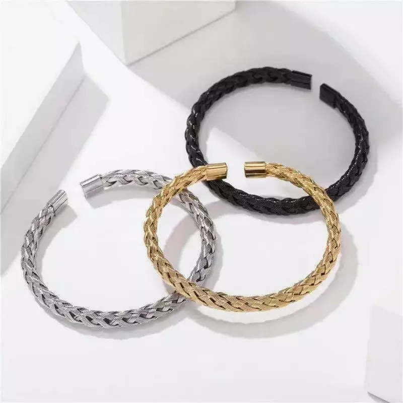 Titanium Steel Cable Braided Chain Open Bracelet Size Adjustable Bangle Gold Silver Plated Rock Punk Biker Jewelry for Men Women