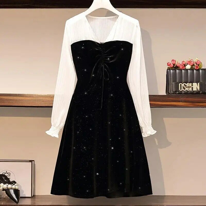 Spring and Autumn New Korean Style Fashionable and Elegant French V-neck Waist Waist Slimming and Age Reducing Dress