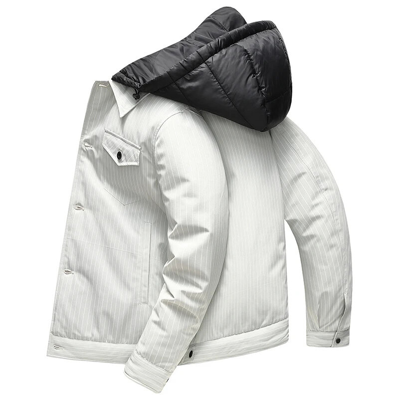 Winter New Hooded Down Jacket Men Fashion Striped White Duck Outerwear Couple Wear Warm Coat