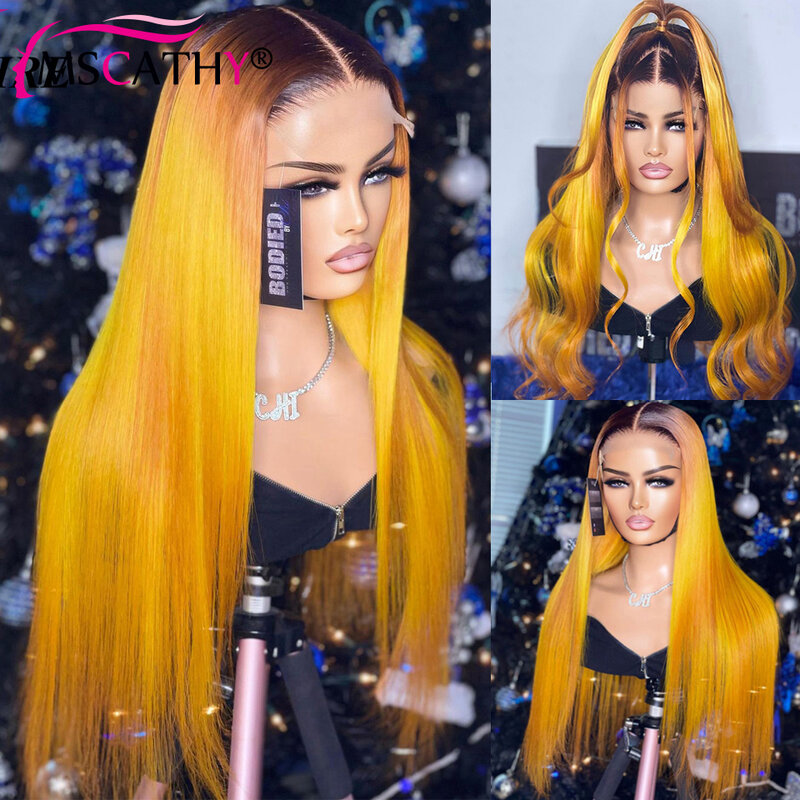 Perucas Ombre Straight Lace Front para mulheres, peruca frontal com renda HD colorida, onda corporal, cabelo humano brasileiro pré-arrancado, 613, 2 # amarelo