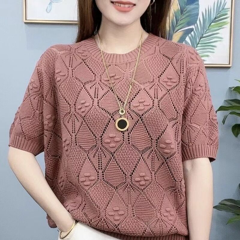 Hollow Out Jacquard Vintage Women Knitted Sweaters Korean Clothing Summer New Pullovers Loose Fashion Casual Short Sleeve Tops