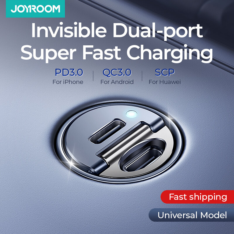 Joyroom-puxar o carregador do carro do anel, USB tipo-C, portas rápidas duplas, carregamento rápido, mini carregador do telefone, acessórios do carro, PD, QC, 30W