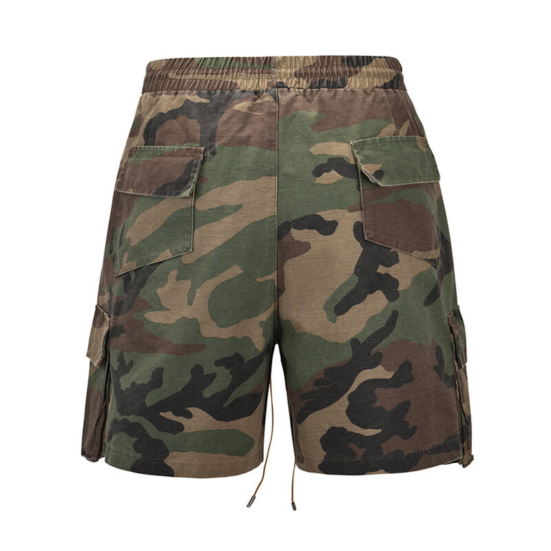 Summer Military Six-pockets Camouflage Cargo Shorts Men Justin Bieber Elastic Waist Amekaji Streetwear Loose Knee Length Pants