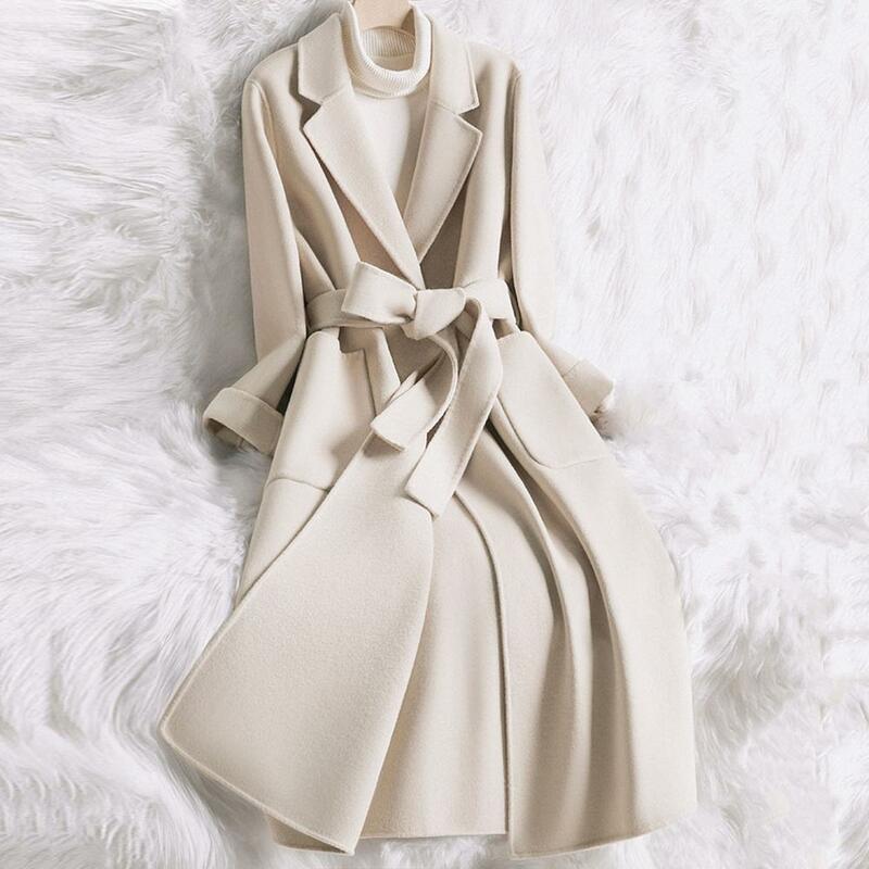 Casaco de lã de comprimento médio feminino, casaco elegante, bolsos de lapela, cinto, moda outwear, outono, inverno