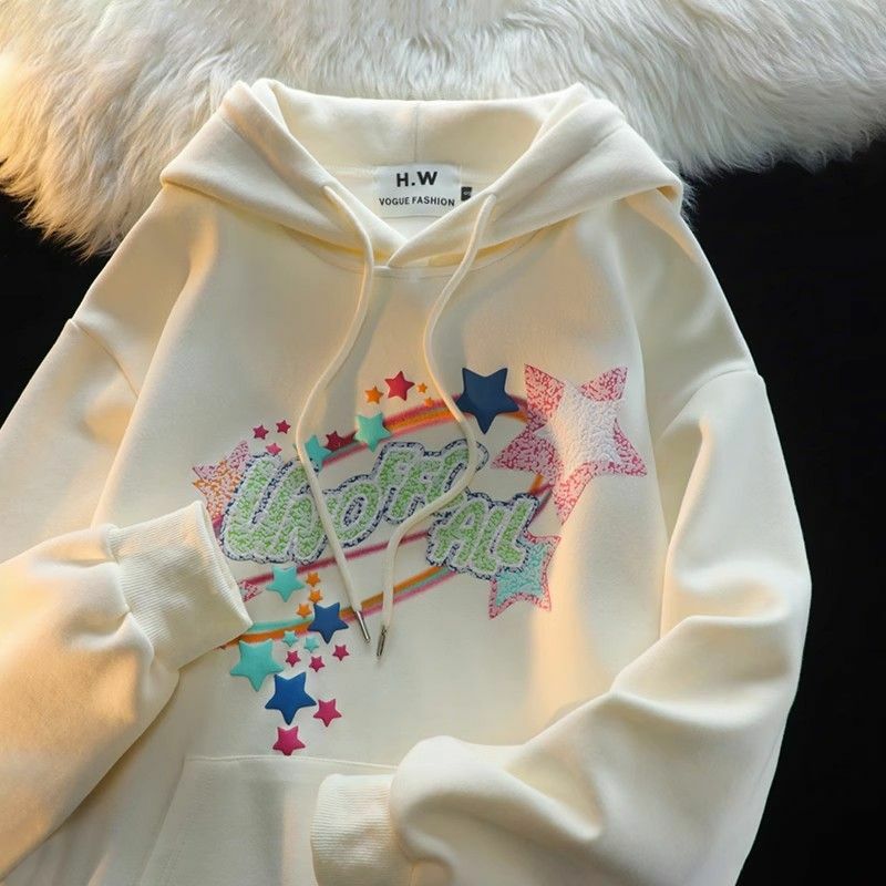 Suéter con capucha de estrella de cinco puntas para mujer, abrigo fino y grueso con estampado ins retro americano, primavera y otoño, 2023