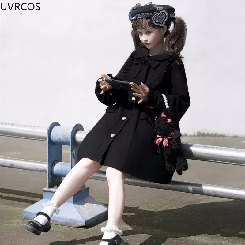 Manteau en laine de style Lolita japonais pour femmes, nœud Kawai doux, vestes A-Line At, vêtements d'extérieur élégants pour femmes, mode coréenne d'automne, hiver