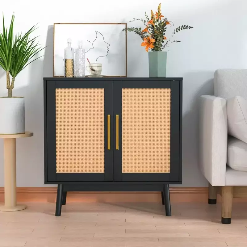 Accent Cabinet for Living Room Chest of Drawers Modern Rattan Storage Cabinet With Double Doors and Adjustable Shelves Bedroom