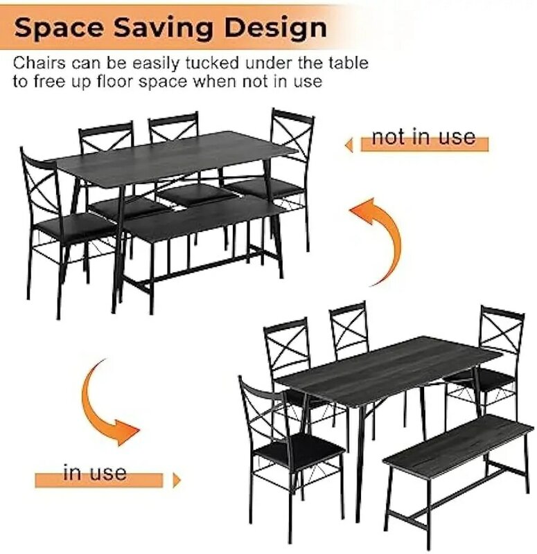 55in moderner Esstisch für 6 Personen, rechteckiger Esstisch, Bank, 6-teiliges Esstisch set aus Holz und gepolsterte Stühle